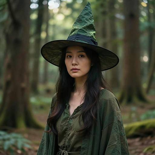 Asian Woman in Green Witch Costume in Enchanted Forest