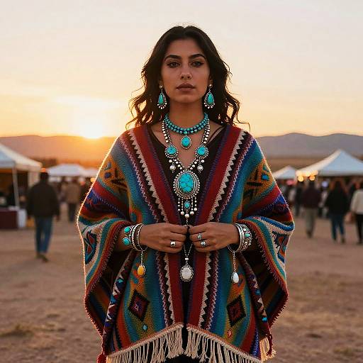 Woman in Navajo Shawl with Turquoise Jewelry at Sunset Festival