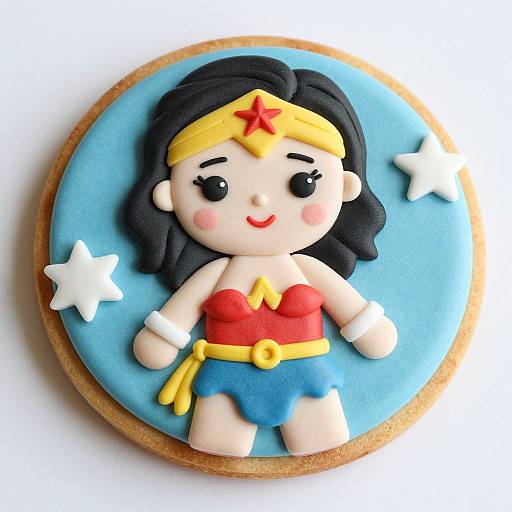 Photograph of a colorful fondant cake topper featuring a cartoon-style Wonder Woman with black hair, red top, blue shorts, yellow headband,