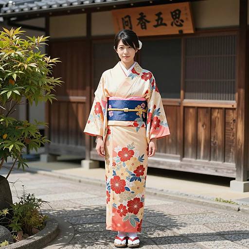 Asian Woman in Traditional Floral Kimono