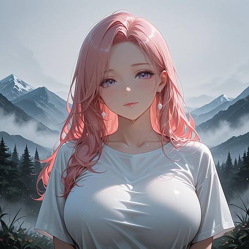 Anime Style Portrait of Mature Woman with Pink Hair