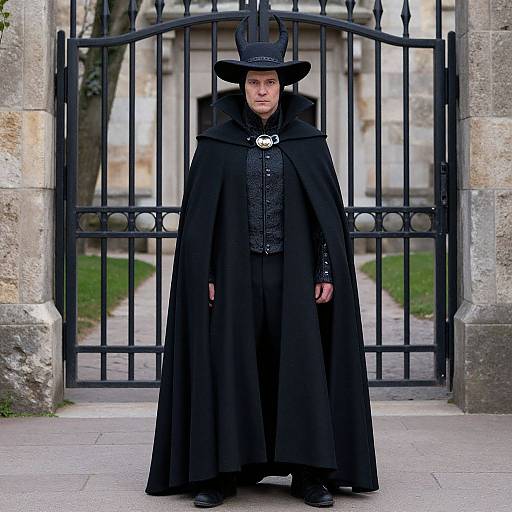 Photograph of a middle-aged man in a black cloak and top hat, standing before a black iron gate in a stone courtyard.