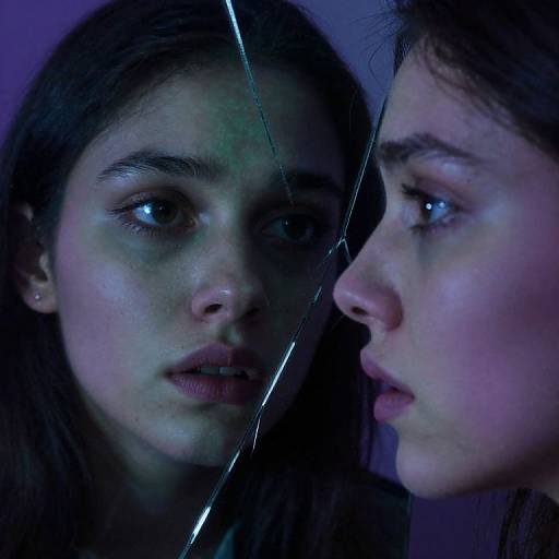 Photograph of a young woman with dark hair, reflected in a glass, gazing intently, bathed in blue and purple light.