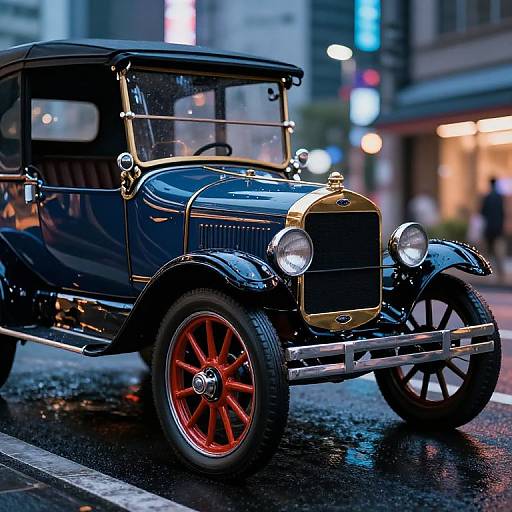 Photograph of a shiny, black vintage car with red wheels, gold accents, and a black roof, parked on a wet, illuminated city street at