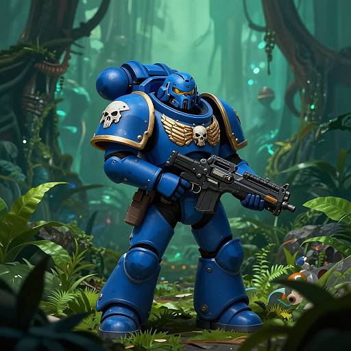 CGI image of a blue, armored warrior with a skull emblem and winged shoulder guard, holding a futuristic gun in a lush, green jungle forest