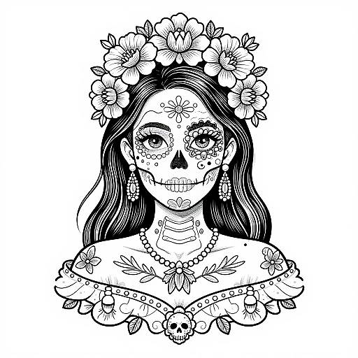 Black and white digital drawing of a skeletal woman with long hair, floral headpiece, and detailed flower patterns on her face and dress. Dia de los
