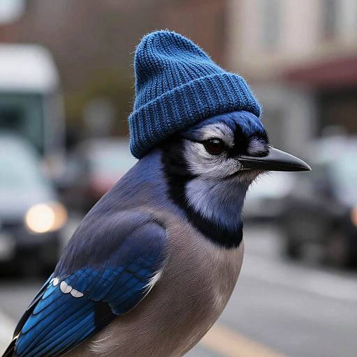 Photorealistic Blue Jay in Beanie