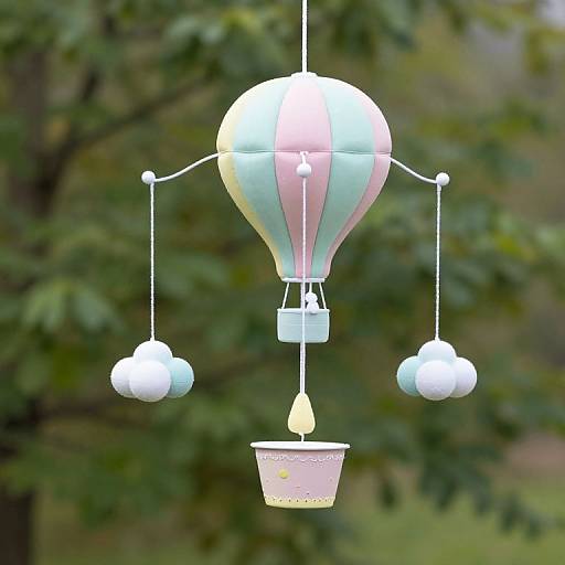 Photograph of a whimsical, pastel-colored hot air balloon hanging decoration with cloud-shaped ornaments, a small flame, and green leafy background.