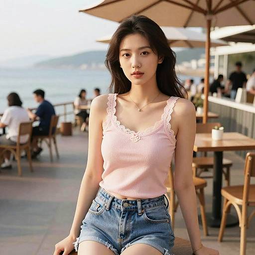 Photograph of an Asian woman with long black hair, wearing a pink lace-trim tank top and blue denim shorts, sitting at a seaside cafe with