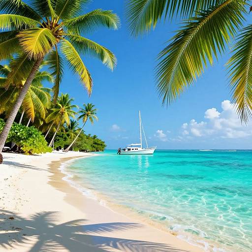 Photograph of a tropical beach with white sand, turquoise water, leaning palm trees, and a white sailboat anchored near the shore under a bright blue