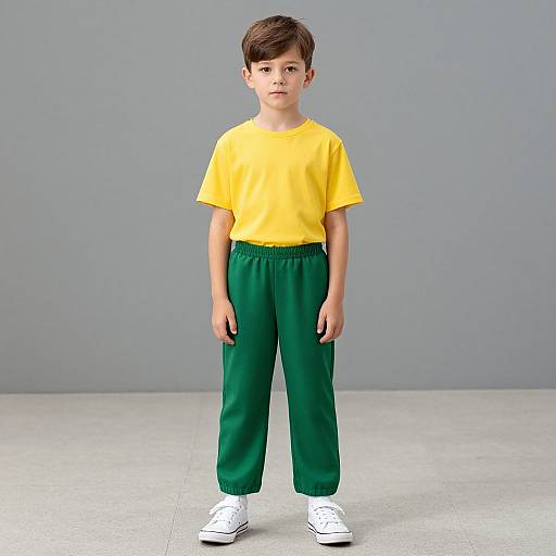 Photograph of a young boy with short brown hair, wearing a yellow t-shirt, green track pants, and white sneakers, standing against a plain gray