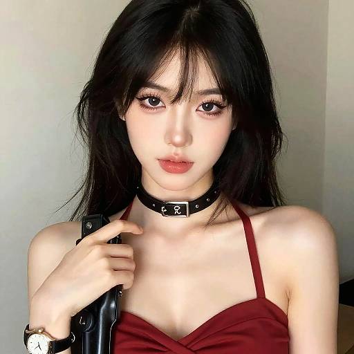 Photograph of a young Asian woman with long black hair, wearing a red spaghetti-strap top, black choker, and wristwatch, gazing