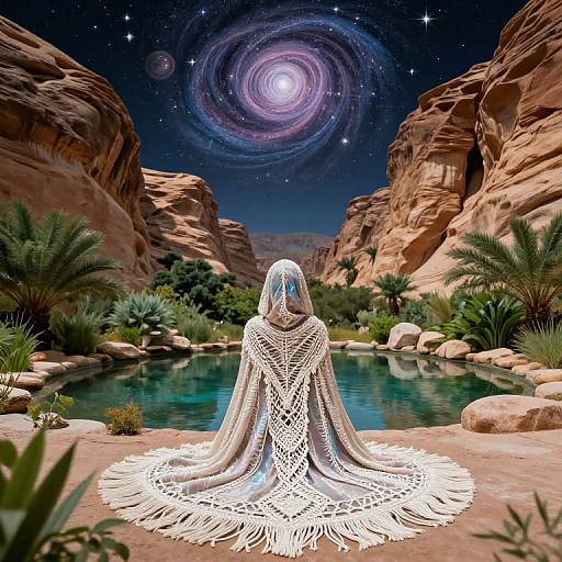 Digital artwork of a figure with glowing blue face, white lace cloak, sitting by a desert oasis, under a starry sky with a vibrant spiral galaxy
