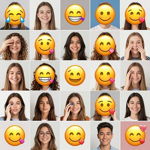 Grid of 16 photos showing a young woman with various expressions, accompanied by 16 smiling yellow emojis with diverse emotions.
