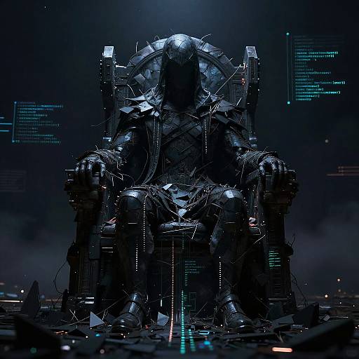 Cybernetic throne in dark, futuristic setting; intricate, glowing circuitry and wires cover the chair; neon blue lights in background. Digital art