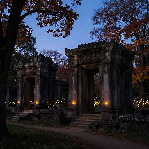 Twilight Fireflies Over Autumn Ruins