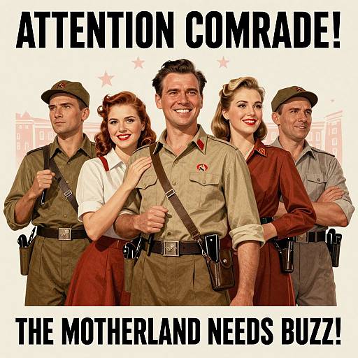 Vintage-style propaganda poster: four smiling WWII-era soldiers and women in uniforms, 