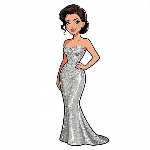 Digital illustration of a stylish woman with dark hair in an updo, wearing a sparkling, strapless silver evening gown, standing confidently with one hand on