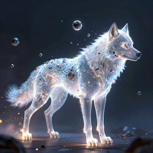 Digital CGI of a glowing, ethereal white wolf with illuminated fur, surrounded by floating bubbles, standing in a dark, blue-lit environment.