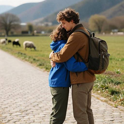 Romantic Hug on a Cobblestone Path