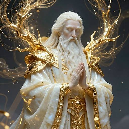 Photograph of a golden, white-bearded deity with long hair, hands in prayer, wearing ornate, glowing armor with ethereal, radiant ant