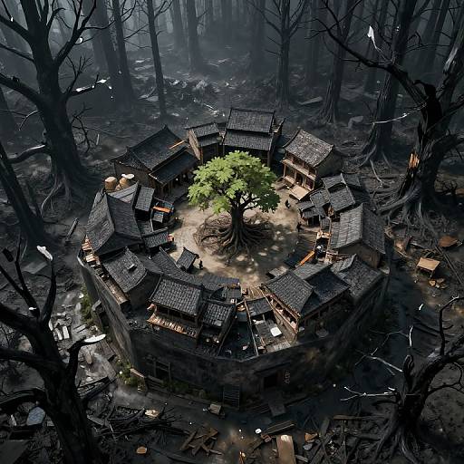 Aerial photograph of a circular village with dark, tiled roofs and a central green tree in a misty, dense forest.