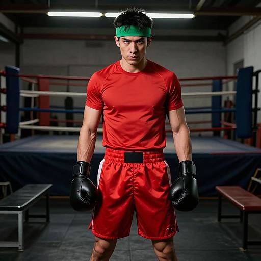 Confident Male Boxer in Dim Gym