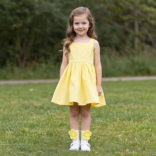 Photograph of a young girl with long brown hair, wearing a yellow dress, white shoes, and yellow flower ankle socks, standing on green grass with