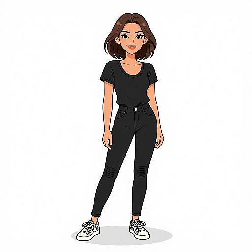 Digital illustration of a young woman with brown hair, wearing a black t-shirt, black pants, and white sneakers, standing confidently against a white background.