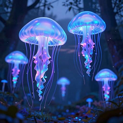 Photograph of glowing blue and purple jellyfish with translucent domes and long, flowing tentacles in a dark, mystical forest.