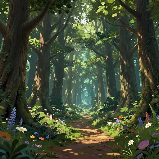 Digital illustration of a sunlit forest path lined with vibrant flowers, tall trees, and dappled sunlight filtering through dense greenery.