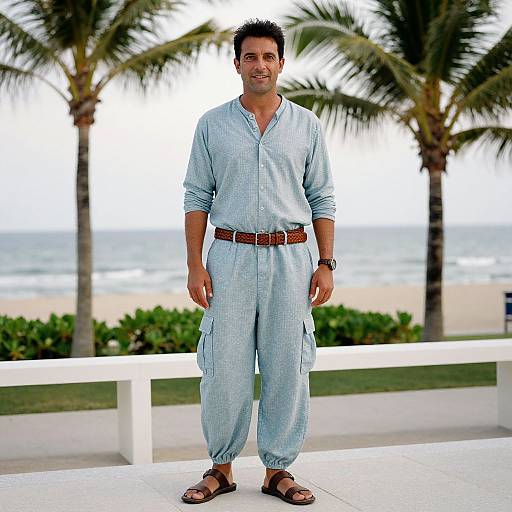 Photograph of a smiling South Asian man in light blue traditional attire, brown belt, and sandals, standing on a beachside balcony with palm trees and