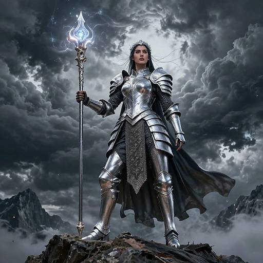 Digital artwork of a fierce, armored woman with long black hair, holding a glowing staff, standing on rocky terrain under a stormy sky.