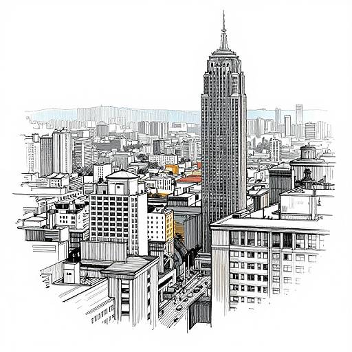 Ink-style illustration of a dense cityscape with a prominent, tall skyscraper in the center, surrounded by various buildings in black, white, and