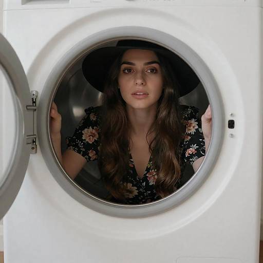 Young woman stepping out of vintage washing machine