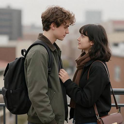 Young couple facing each other on balcony