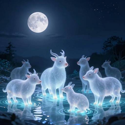 Digital artwork of glowing white, luminescent goats standing in a moonlit, reflective water puddle under a full moon, surrounded by dark, star