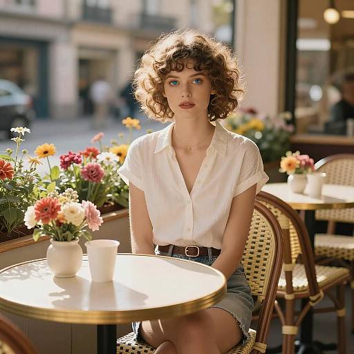 Photograph of a curly-haired woman with blue eyes, wearing a white blouse and denim shorts, sitting at a sunlit café table with flowers and a