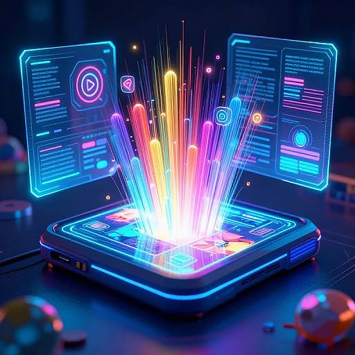 Photograph of a glowing, futuristic laptop emitting vibrant neon lights, with holographic interfaces and colorful energy bursts in a dark, sci-fi environment.