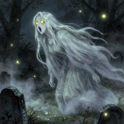 Digital art of a ghostly figure with glowing yellow eyes, flowing white hair, and translucent robes, standing in a misty, dark graveyard with glowing