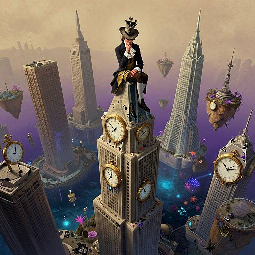 Digital art: Gothic figure in black suit and hat, sitting atop clock tower, surrounded by futuristic, floating skyscrapers, neon lights, and clock