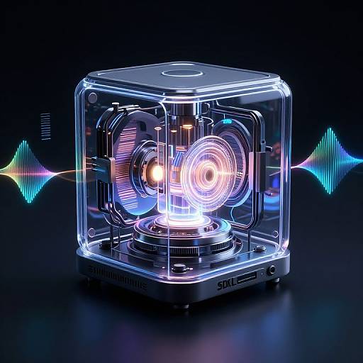 Photograph of a neon-lit, transparent, cube-shaped electronic device with glowing blue and white lights, against a dark background with colorful wave patterns.