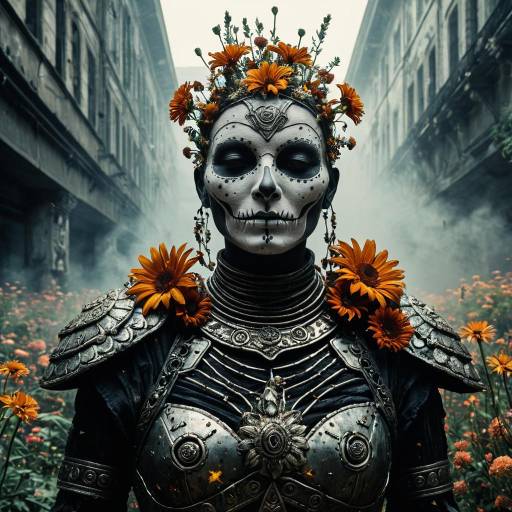 Warrior with Floral Skull Makeup and Armor
