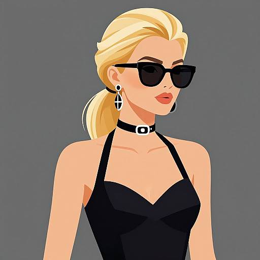Digital illustration of a blonde woman with ponytail, black sunglasses, black choker, and black halter top, against a gray background.