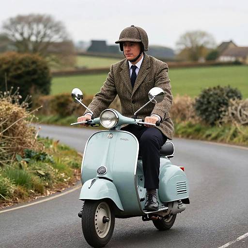 Rider on Classic Moped in Countryside