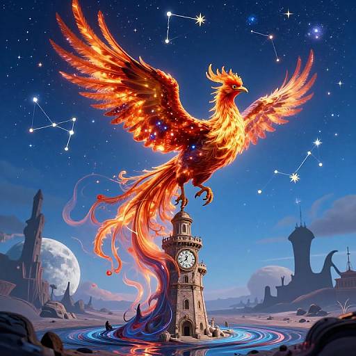 Digital art: A fiery phoenix with glowing wings perches on a clock tower in a starry night sky, surrounded by mystical planets and constellations