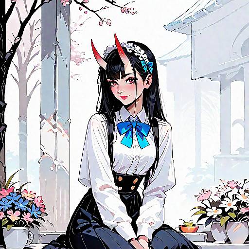 Smiling Oni Girl Sitting Outdoors