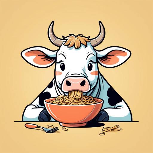 Vintage Cartoon Cow Enjoying Spaghetti