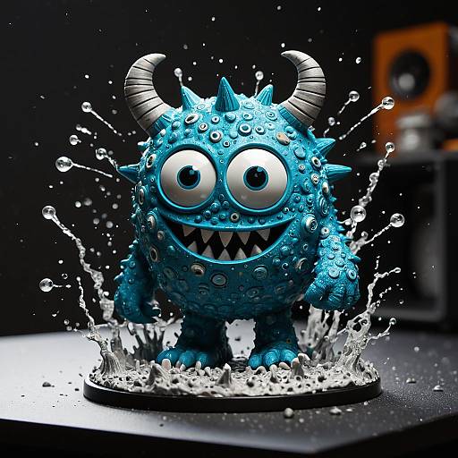 Blue Ceramic Monster Figure with Water Splash
