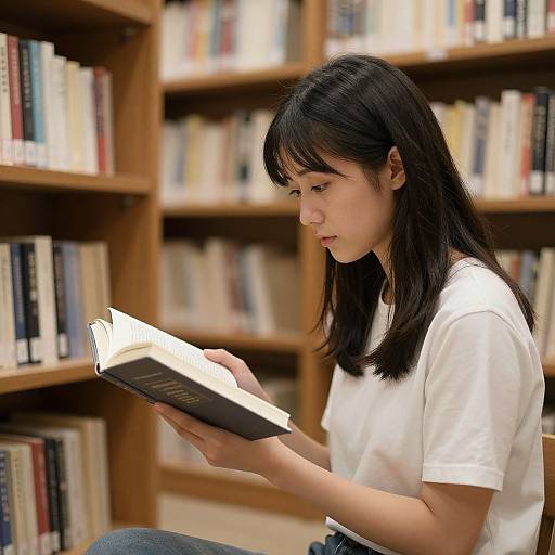 Young Asian woman with straight black hair, wearing a white t-shirt, sits in a library reading a book against wooden bookshelves. Photograph.